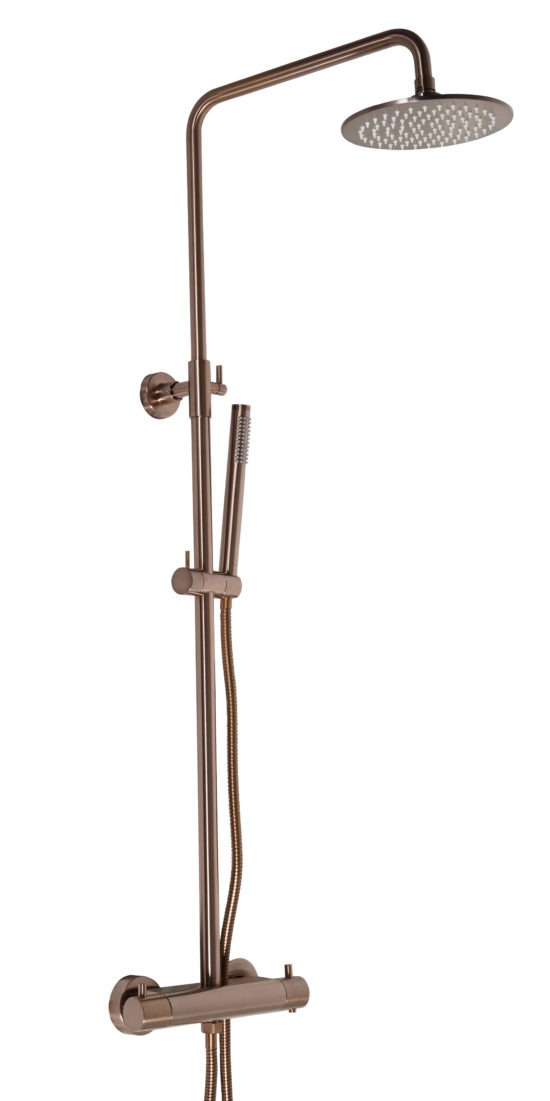 VOS Brushed Bronze Thermostatic Bar Valve with 2 Outlets, Adjustable Riser and Multifunction Shower Handle