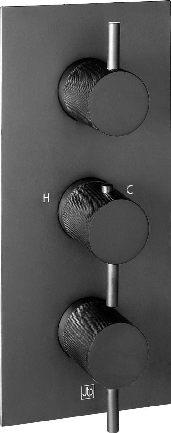 VOS Matt Black Thermostatic Concealed 2 Outlet Shower Valve, Vertical