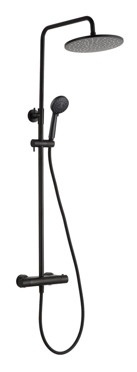 VOS Matt Black Thermostatic Bar Valve with 2 Outlets, Adjustable Riser and Multifunction Shower Handle