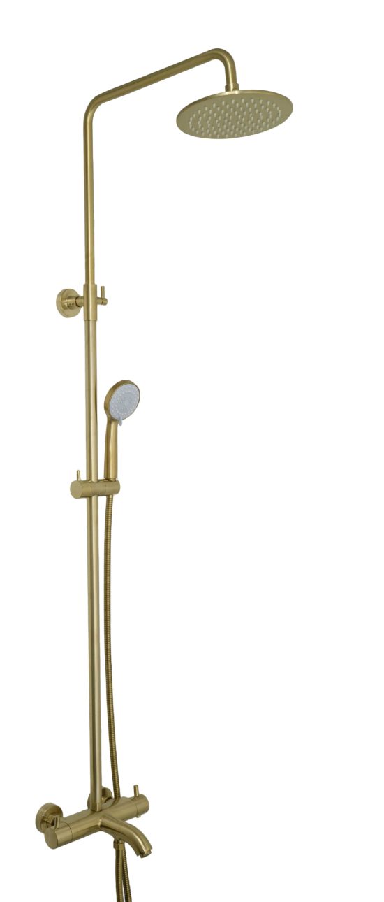 VOS Brushed Brass Thermostatic Bar valve 3 oulets, adjustable riser and, multifunction shower handle