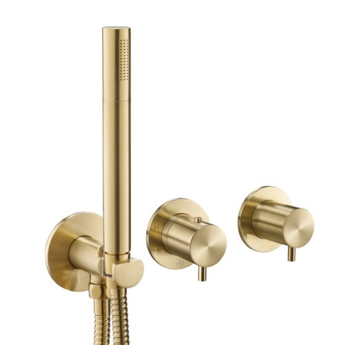 VOS Brushed Brass Modular Thermostatic Concealed 2 Outlet Shower Valve, Handset