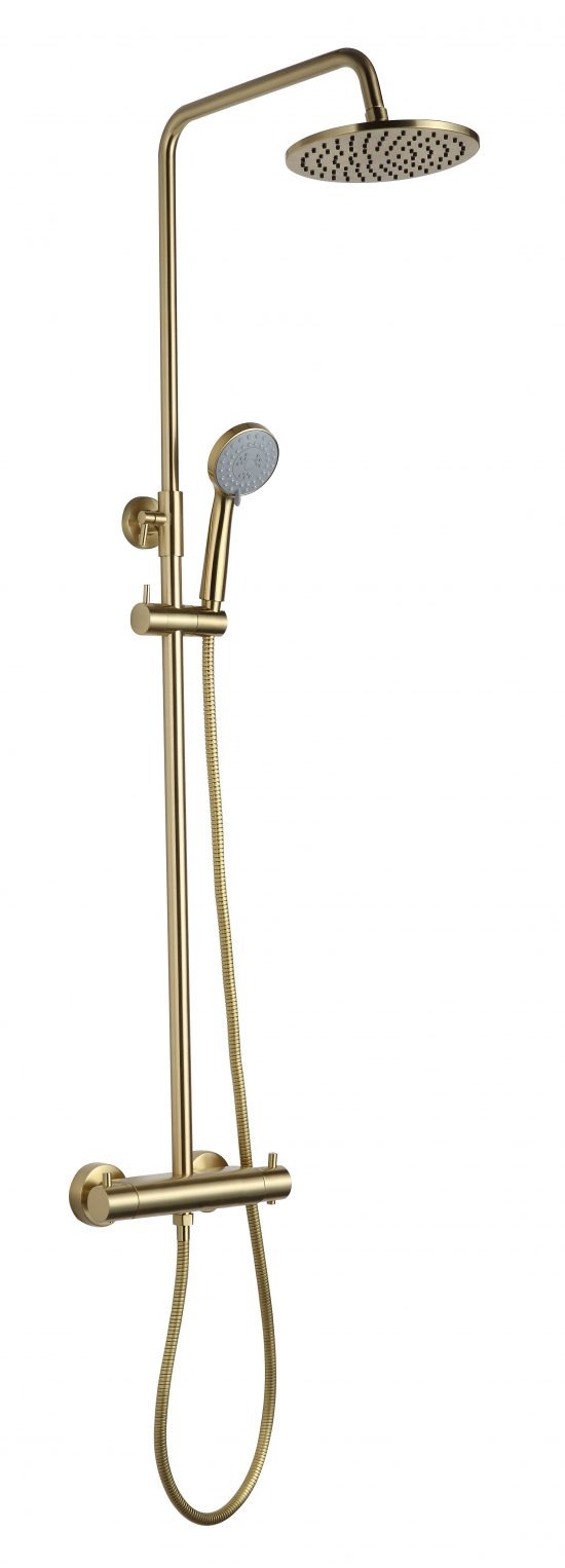 VOS Brushed Brass Thermostatic Bar Valve with 2 Outlets, Adjustable Riser and Shower Kit