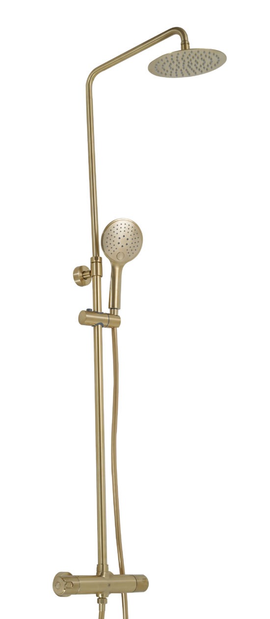 VOS Brushed Brass Thermostatic bar valve with 2 outlets, adjustable riser and shower kit Cool Touch