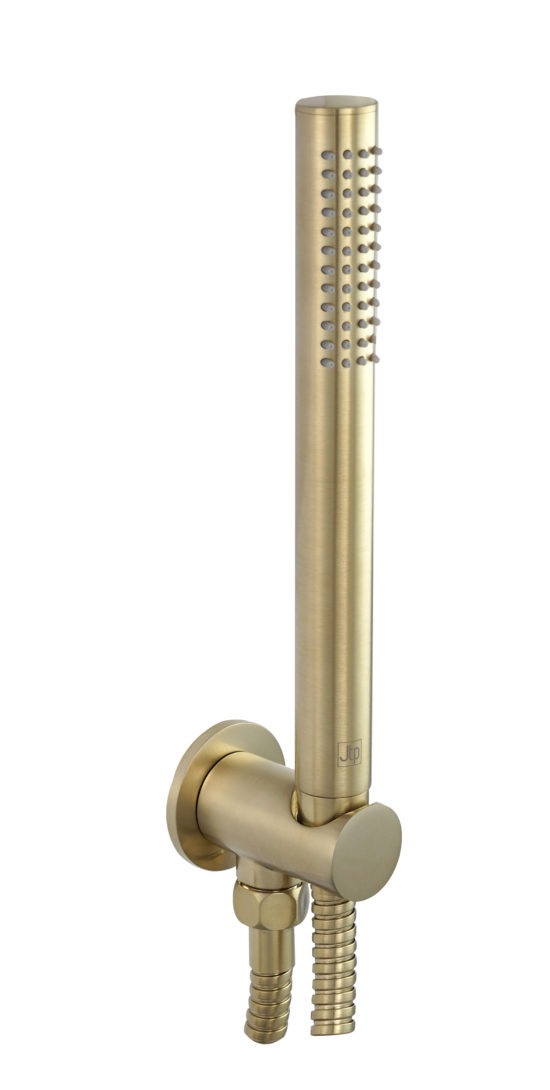 VOS Brushed Brass Round Water Outlet with Holder, Metal Hose, Slim Hand Shower