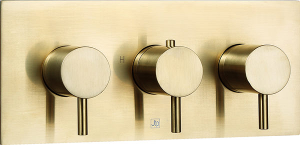 VOS Brushed Brass Thermostatic Concealed 2 Outlet Shower Valve, Horizontal