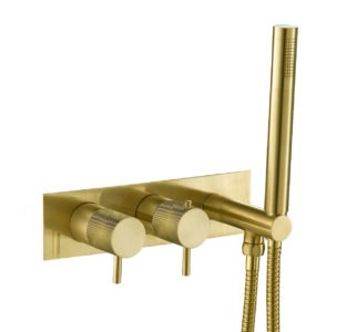 VOS Brushed Brass Thermostatic Concealed 2 Outlet Shower Valve, Handset