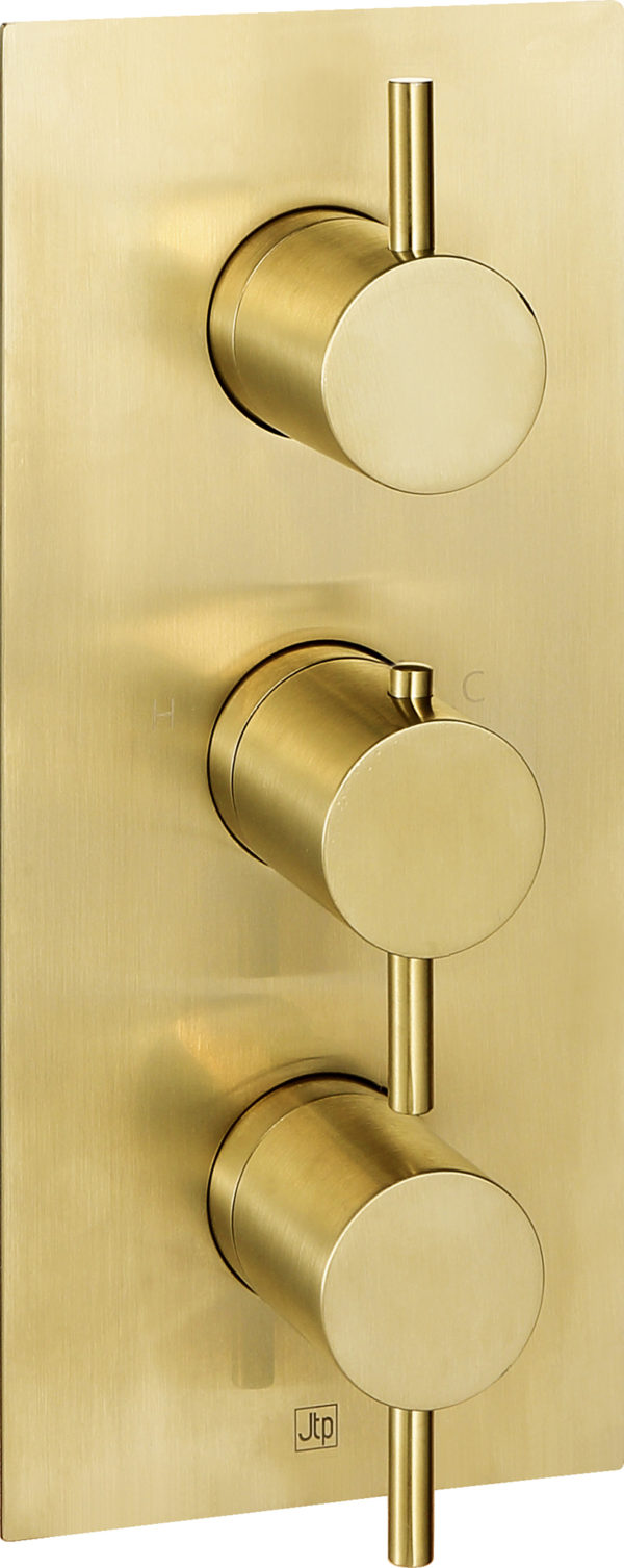 VOS Brushed Brass Thermostatic Concealed 2 Outlet Shower Valve MP 0.5 Vertical